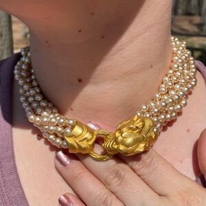 Donald Stannard Lion Head Necklace Faux Pearl Gold Tone Multistrand Choker